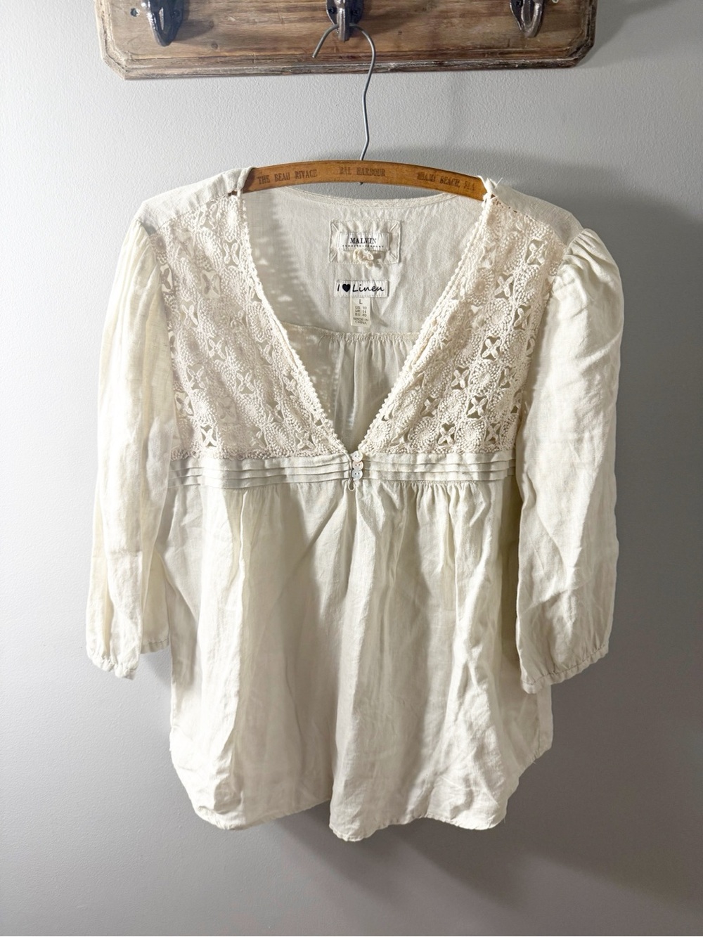 Malvin Linen Crochet V-Neck Cream Peasant Blouse